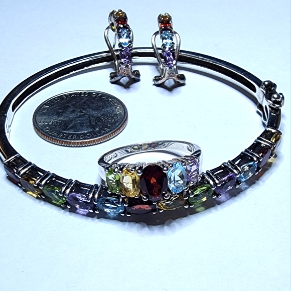 925 Sterling Silver Multi Color Gemstones Ring Bracelet and earrings set - Picture 12 of 13
